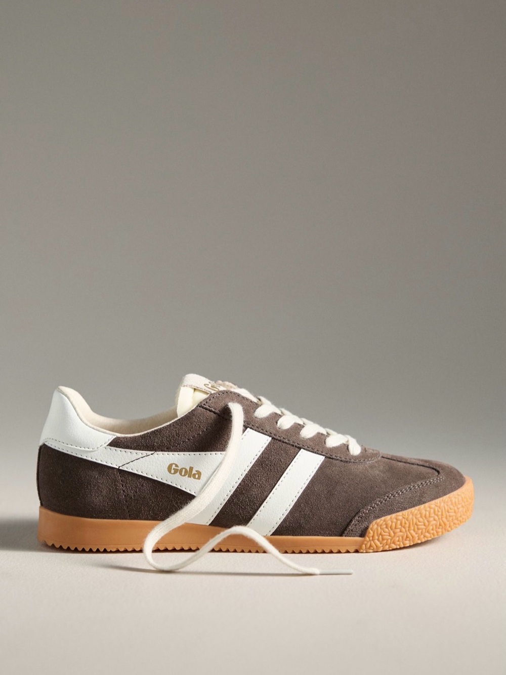 Gola Brown Suede Trainer with White Stripes and Gum Sole